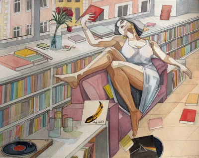 Obra 'BOOKS & VELVET' de Josep María Carbó, figura femenina reclinada entre libros y terciopelo.