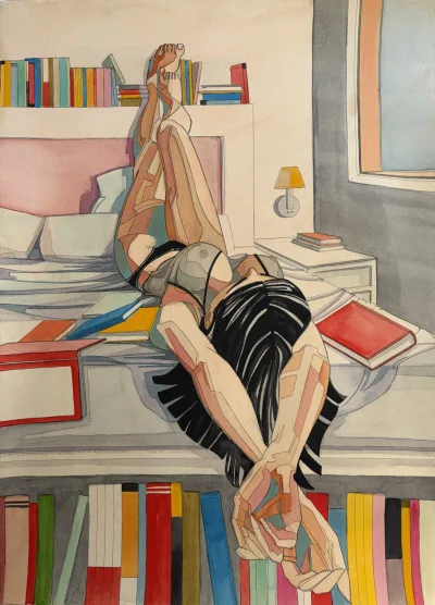 Acuarela de Josep María Carbó, figura reclinada en un entorno acogedor con libros de colores.