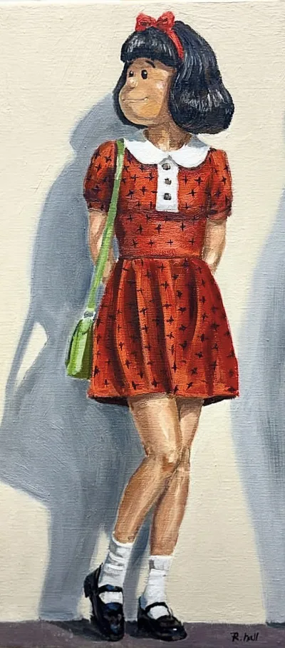 Pintura 'Aquí estàs' de Roger Hall: niña con vestido rojo sobre fondo neutro.