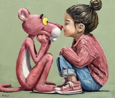 Complicitat de Roger Hall: niña y personaje animado en acrílico sobre tela