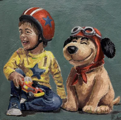 Obra Copilot de Roger Hall: niño con casco y perro sentados sobre fondo verde