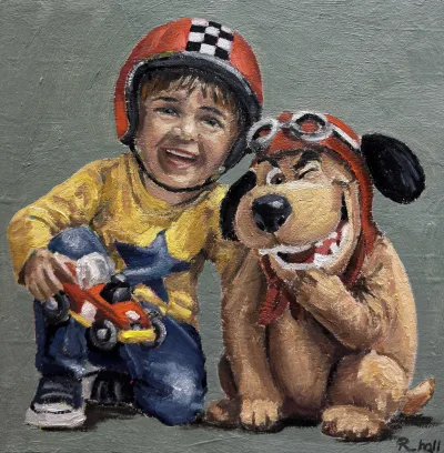 Copilot II, pintura figurativa de Roger Hall con un niño y un perro en primer plano