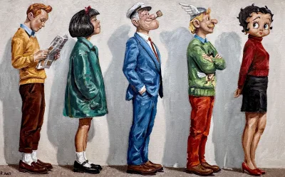 Vista frontal de 'El següent' de Roger Hall, acrílico sobre tela con figuras alineadas sobre fondo neutro.