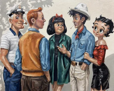 Pintura Entre amics de Roger Hall con cinco personajes en conversación sobre fondo cálido.