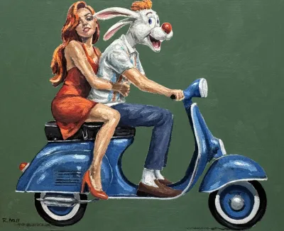 Fins on vulguis de Roger Hall: mujer con vestido rojo en scooter azul junto a un personaje con cabeza de conejo sobre fondo verde.